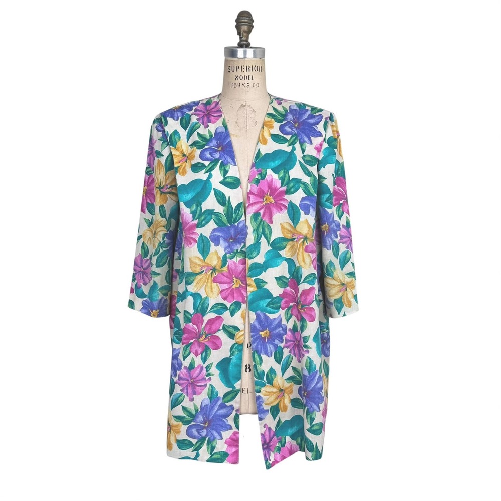 Garden Floral 3/4 Sleeve Jacket 20W Open Front Vintage Cottagecore Lightweight